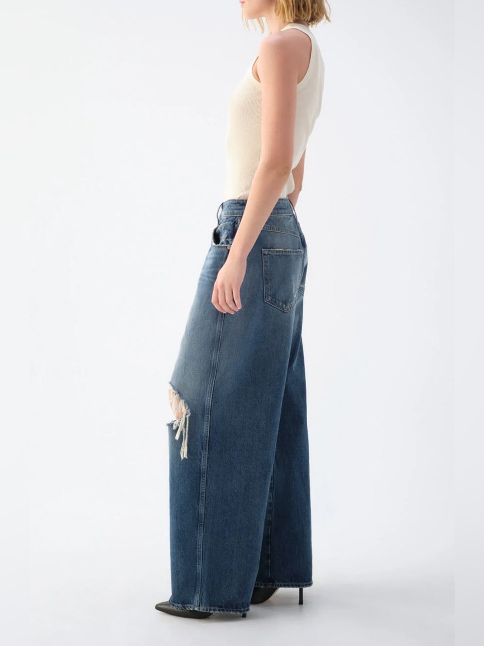 AMO Distressed Wide-Leg Mid-Blue Jeans - Picture 2 of 14